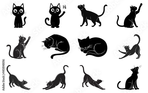 Set of cats black silhouette vector illustration, various feline poses, minimalist animal designs for pet lovers and decor