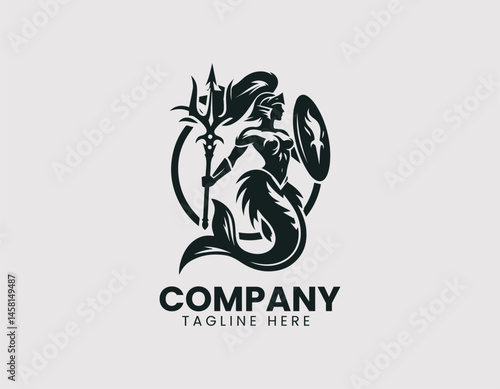 Warrior Mermaid Vector Logo Design, Strong Warrior Mermaid Logo, Fierce Warrior Mermaid Illustration Logo