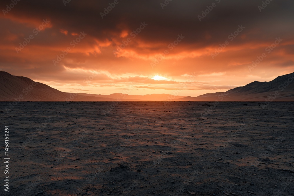Obraz premium Dramatic Sunset over a Desolate Flat Landscape with Distant Mountains