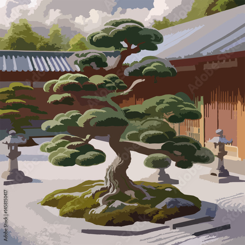 Niwaki Bonsai Tree Vector Illustration. Serene Japanese Garden with Ancient Pine Tree
