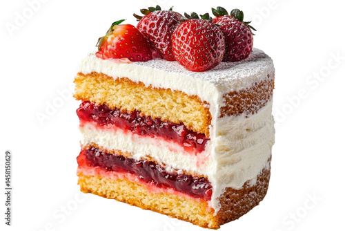 Delicious strawberry cake slice layered with creamy frosting and sweet jam fresh strawberries on top isolated on transparent background