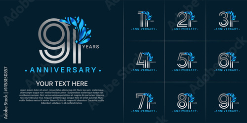 Anniversary logo type set with double line number and blue floral ornament. silver color for celebration event