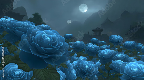 Fototapeta Naklejka Na Ścianę i Meble -  field of luminescent blue roses under a twilight sky with two moons