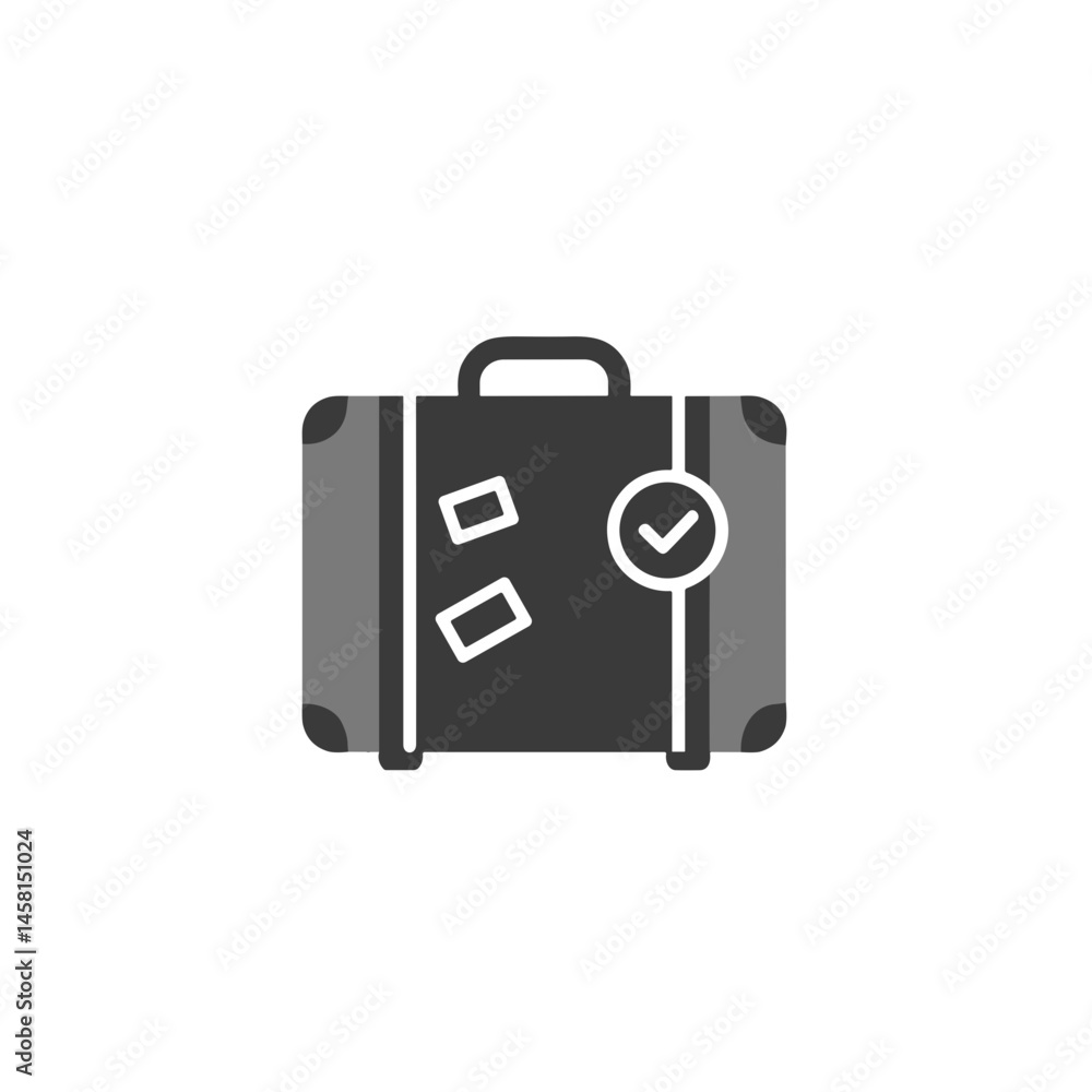 Black suitcase with travel stickers and checkmark design Black suitcase with travel stickers and checkmark design