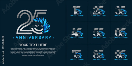 Anniversary logo type set with double line number and blue floral ornament. silver color for celebration event