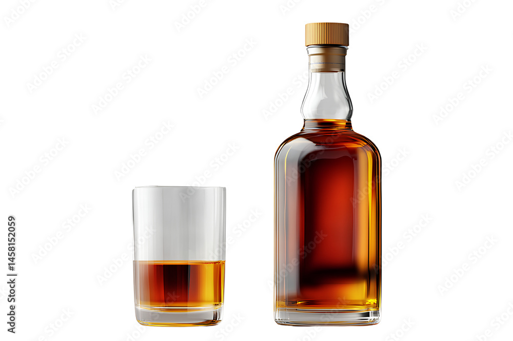 A bottle of whiskey and a glass on a transparent background in PNG format, with white space in the middle for text A bottle of whiskey and a glass on a transparent background in PNG format, with white space in the middle for text