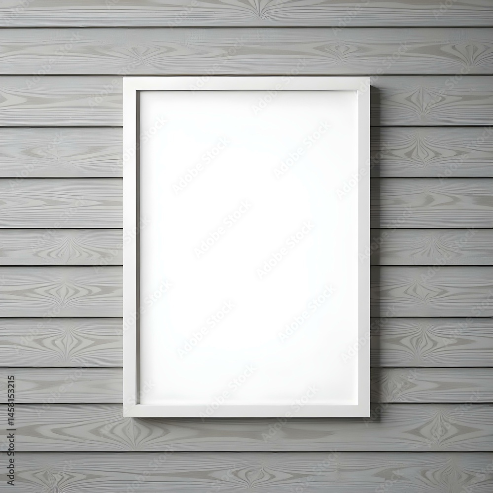 A white empty frame on a wooden wall, the wall is made of horizontal planks, the frame is rectangular and horizontal A white empty frame on a wooden wall, the wall is made of horizontal planks, the frame is rectangular and horizontal