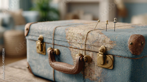 Journey's Blueprint: A vintage travel suitcase, adorned with a world map, is marked with pins, each symbolizing a cherished memory.