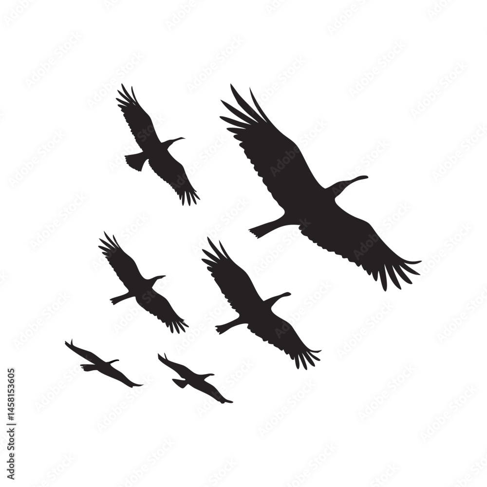 Flying birds silhouette black vector illustration, multiple birds in flight, perfect for nature, wildlife Flying birds silhouette black vector illustration, multiple birds in flight, perfect for nature, wildlife