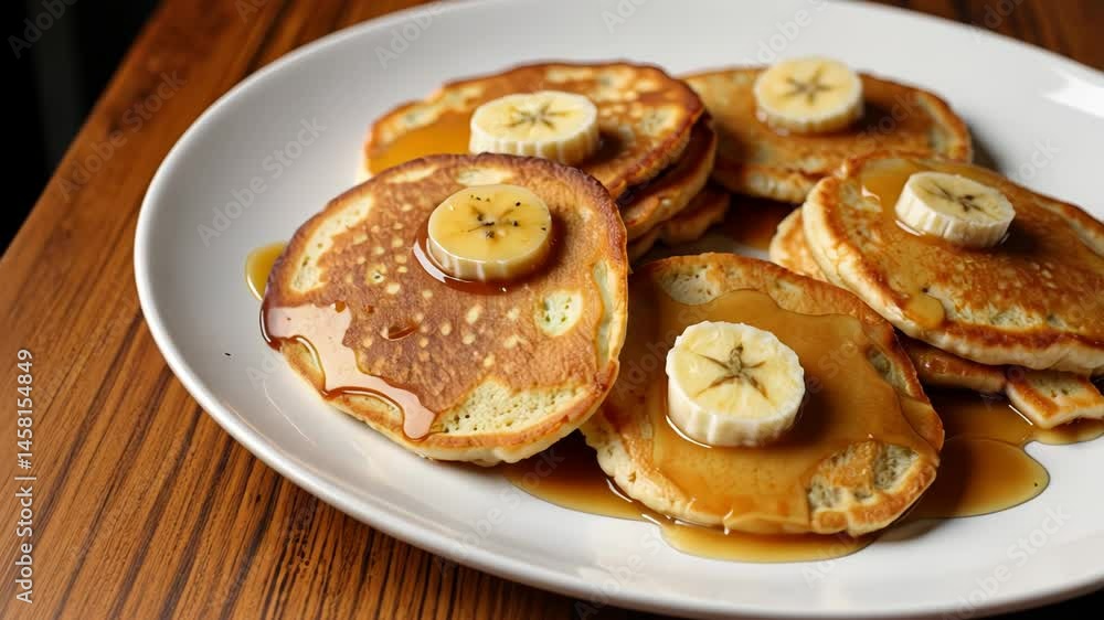 Delicious pancakes topped with banana slices and syrup Delicious pancakes topped with banana slices and syrup