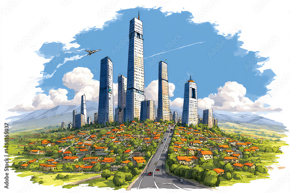 Fototapeta premium a vibrant digital illustration showing a team planning a large mixed-use complex model with residential towers, commercial areas, and public spaces