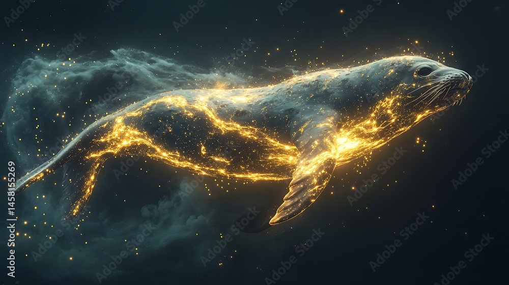 Fototapeta premium Digital Illustration Of A Glowing Seal Swimming Through A Starry Night Sky
