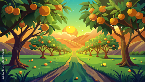 A golden haze settles over the orchard at sunset, apricots glowing among the deep green leaves