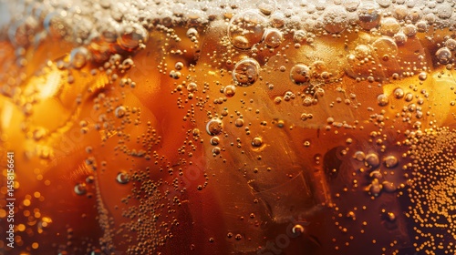 Close up of a refreshing beverage with ice cubes and bubbles creating a fizzy sensation in a glass