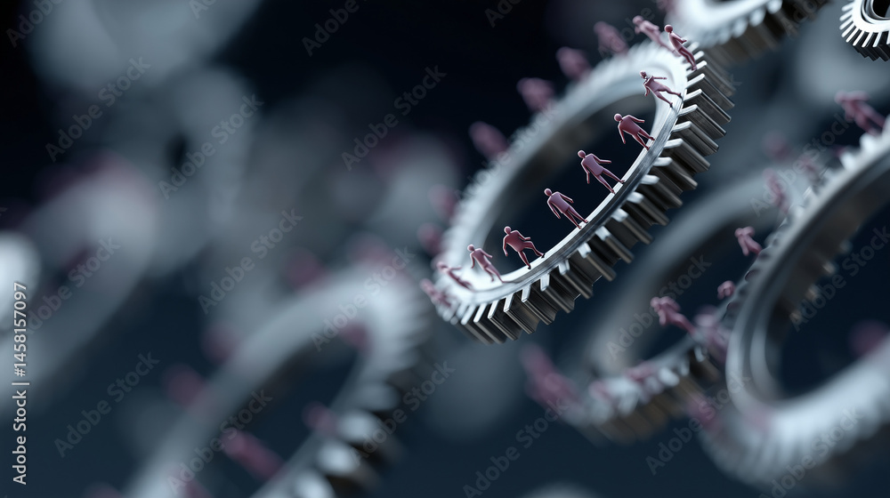 Fototapeta premium Cogwheel Gears and Tiny Humans: A fascinating visual of intricate gear mechanisms with minuscule figures, representing interconnectedness, teamwork, and collaborative effort in a modern-day setting.