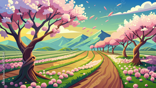 Rows of blooming apricot trees stretch across rolling hills, petals drifting like snow in the spring breeze