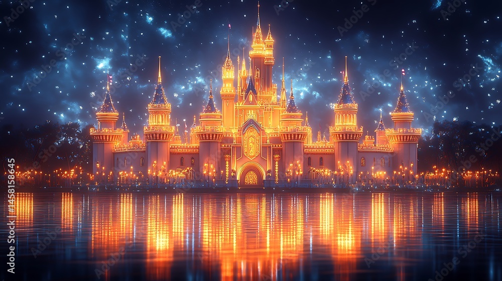 Fototapeta premium Fantasy palace reflection over water high resolution image