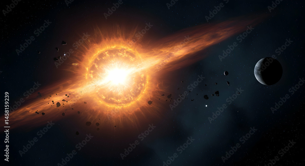 Obraz premium Fiery Supernova Explosion with Asteroids and Planets in Space