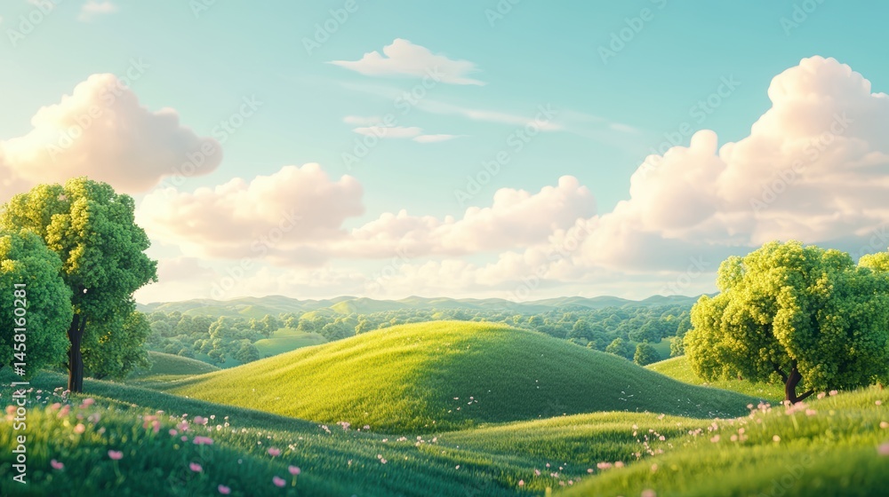 Obraz premium illustration of Summer fields landscape with a dawn,Rainbow, green grass hills, bright color blue sky, country background,banner resting vacation.