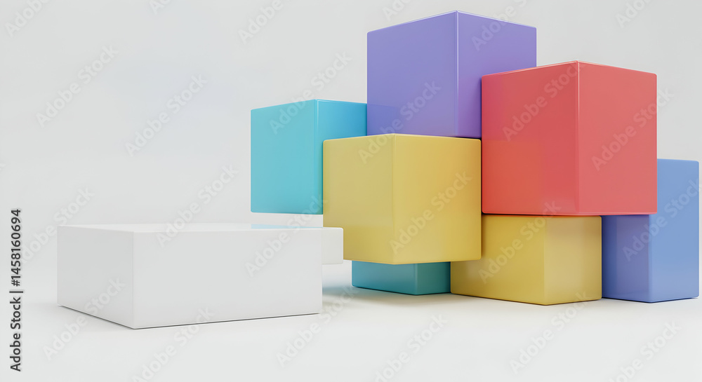 Colorful geometric shapes arranged in playful composition on white background Colorful geometric shapes arranged in playful composition on white background