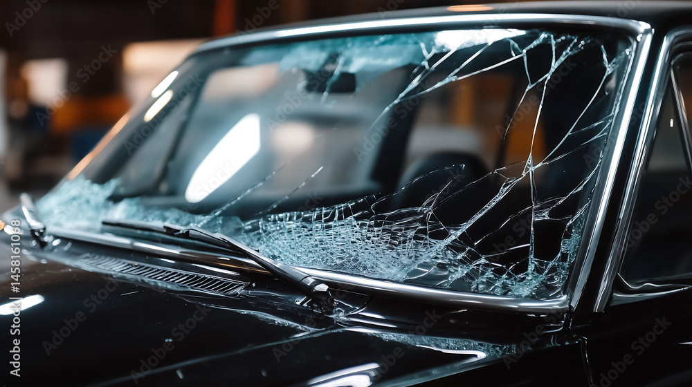 Obraz premium Close up of cracks on broken car windshield, Car accident smashed broken windshield, Road accident, Car insurance concept