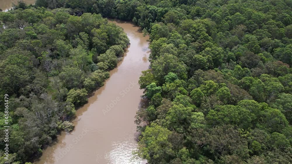 Brunswick River Surrounded With Green Lush Vegetation In Northern Rivers Region, New South Wales, Australia - Aerial Shot Brunswick River Surrounded With Green Lush Vegetation In Northern Rivers Region, New South Wales, Australia - Aerial Shot