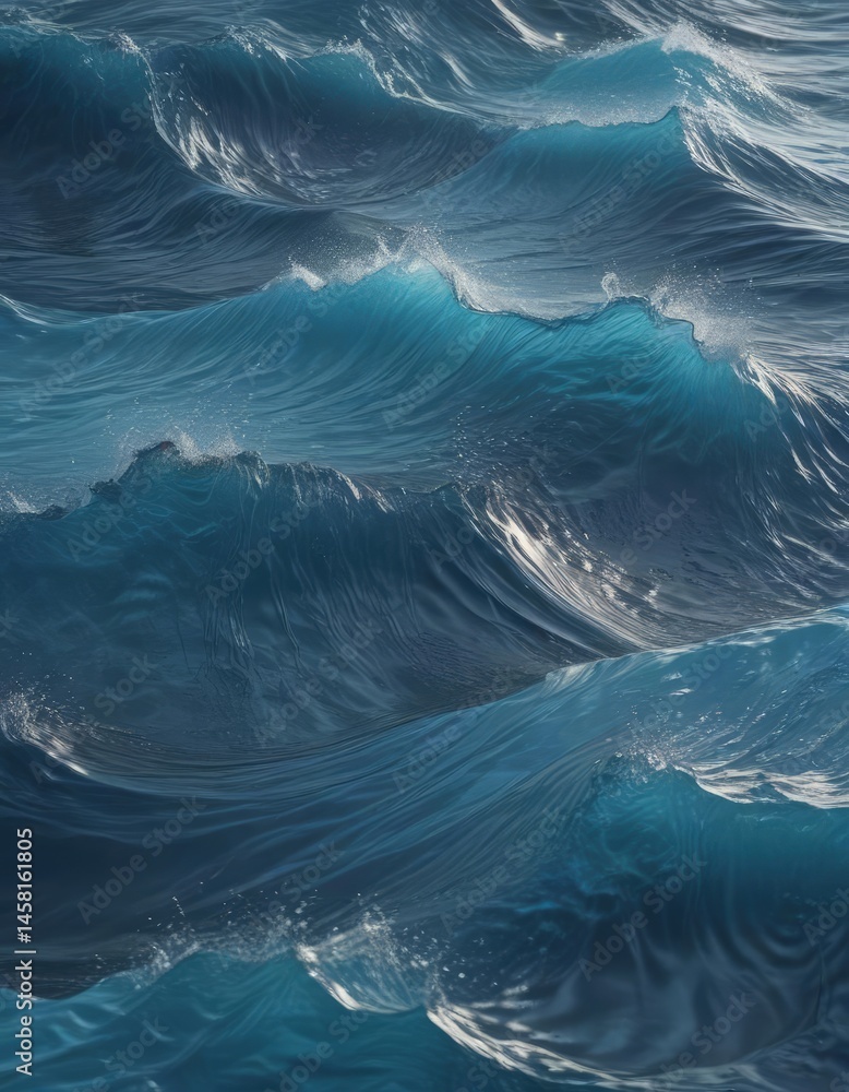 Fototapeta premium Abstract blue water wave texture, rippling surface, dynamic, foam