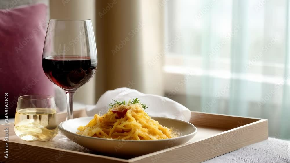 Elegant Dining Setup with Pasta and Wine in Cozy Indoor Setting Elegant Dining Setup with Pasta and Wine in Cozy Indoor Setting