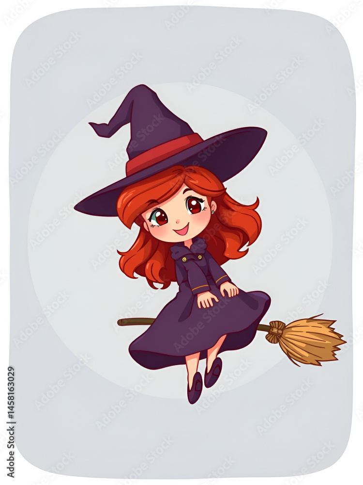Vector illustration of a pretty, red-haired cartoon witch flying on her broom. Vector illustration of a pretty, red-haired cartoon witch flying on her broom.
