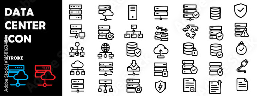Data Center Icons – Vector Set of Server, Network, and Cloud Computing Symbols

