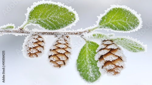 Frosty pine cones and leaves, winter branch, nature, blurred background, holiday card