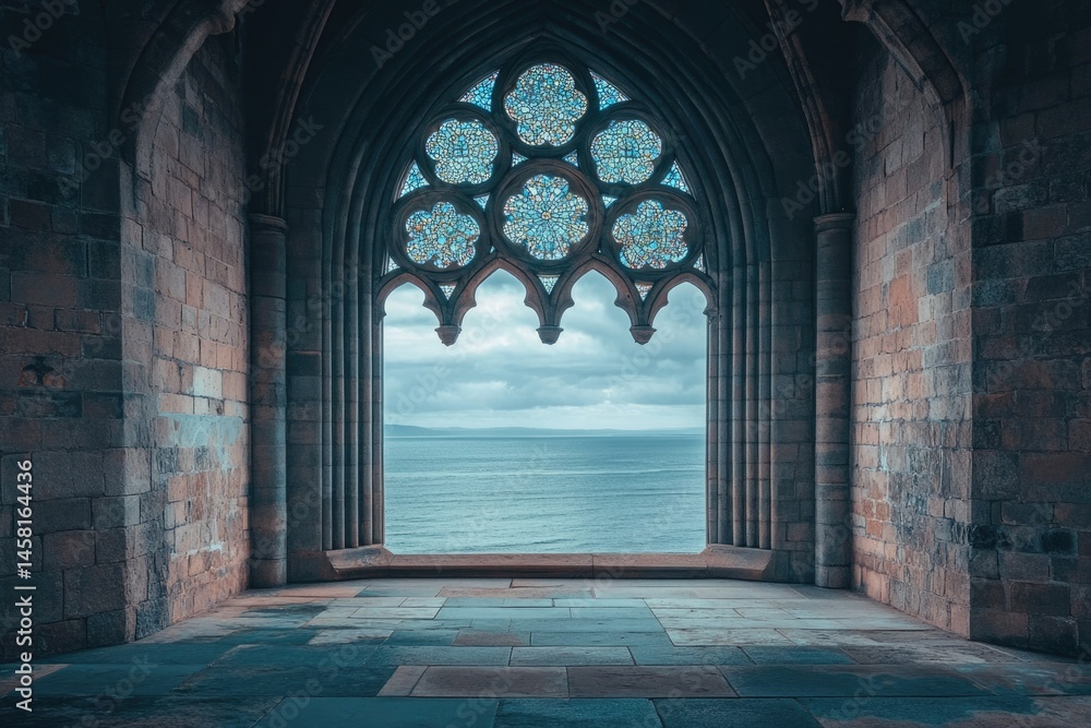 Fototapeta premium A Gothic archway reveals a serene ocean view, showcasing intricate stonework and stained glass.