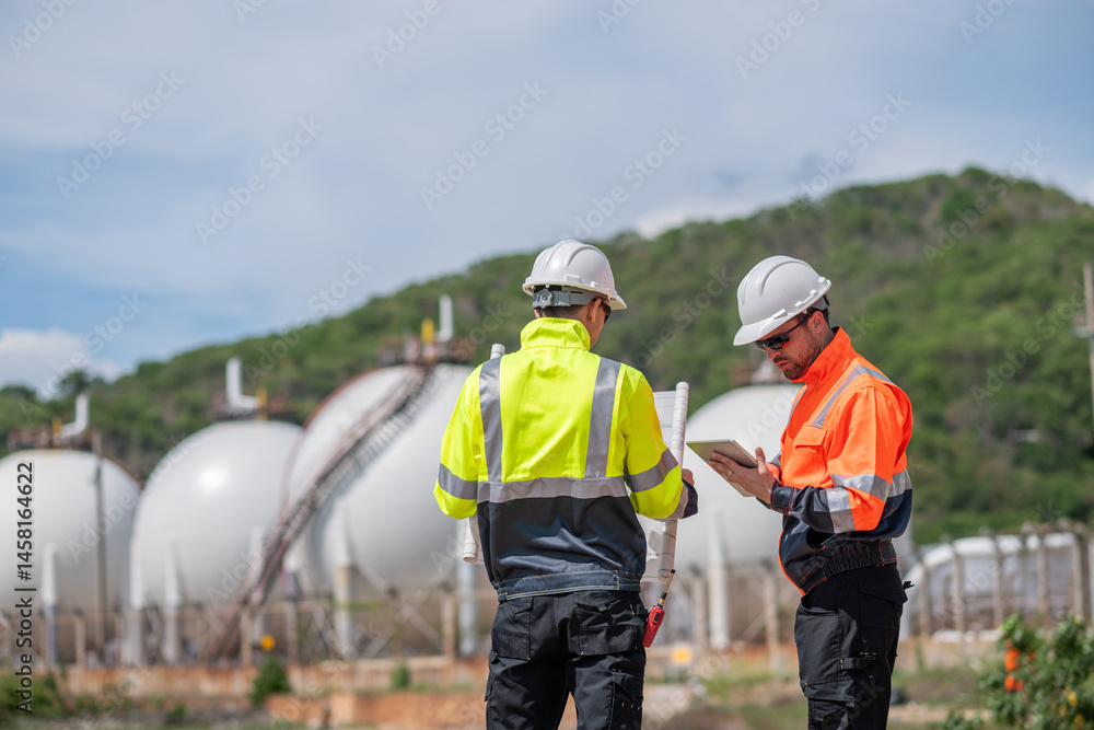 Industrial engineer inspection recording data at gas or petrochemical facility importance of safety, organization, and environmental awareness in industrial settings. Industrial engineer inspection recording data at gas or petrochemical facility importance of safety, organization, and environmental awareness in industrial settings.