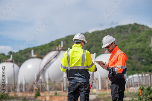 Industrial engineer inspection recording data at gas or petrochemical facility importance of safety, organization, and environmental awareness in industrial settings.