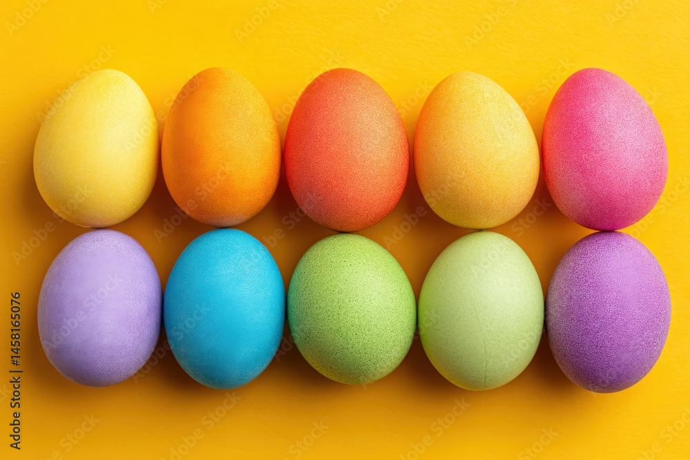 Vibrant collection of beautifully dyed Easter eggs in bright colors arranged harmoniously against a vivid yellow background creating a festive and cheerful celebration atmosphere Vibrant collection of beautifully dyed Easter eggs in bright colors arranged harmoniously against a vivid yellow background creating a festive and cheerful celebration atmosphere