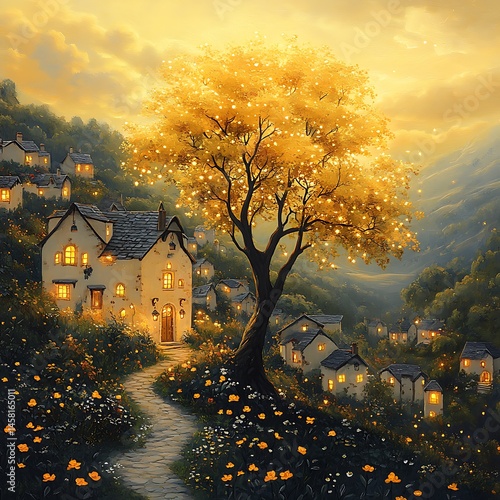 Glowing tree illuminates whimsical hillside homes high resolution image