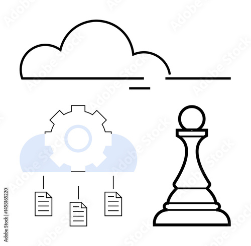 Cloud with gear and document icons connected below, alongside a chess pawn symbolizing strategic planning. Ideal for technology, business, innovation, decision-making, cloud computing, leadership