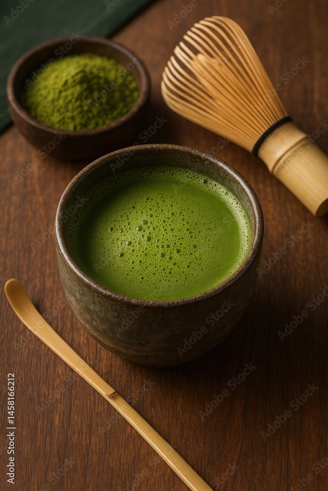 Traditional Matcha Tea Preparation with Whisk and Powder on Wooden Surface Traditional Matcha Tea Preparation with Whisk and Powder on Wooden Surface
