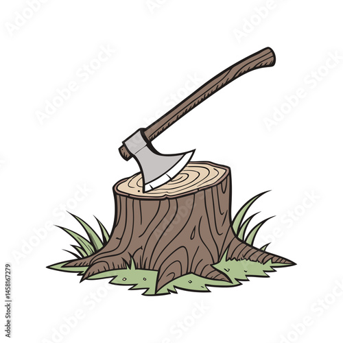 Axe on tree stump vector illustration, lumberjack tool and woodcutting scene icon for forestry, logging, and outdoor design