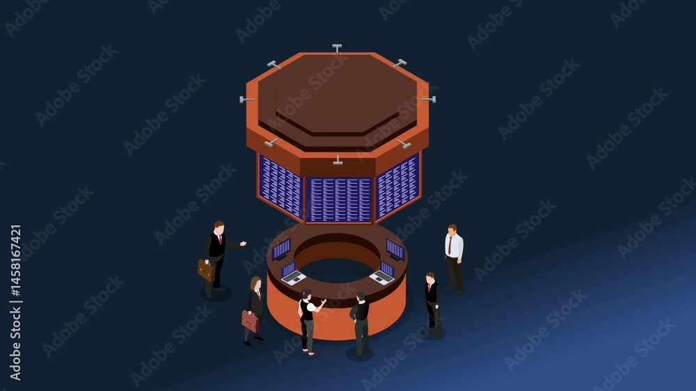 Data center or server room with a central, multi-tiered server unit surrounded by business professionals 3d animation cartoon