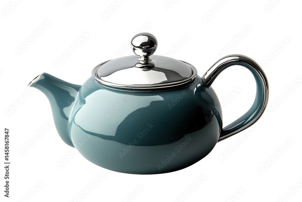 Elegant Teal Teapot with Chrome Accents gleaming against a black backdrop perfect for afternoon tea or on transparent background Elegant Teal Teapot with Chrome Accents gleaming against a black backdrop perfect for afternoon tea or on transparent background