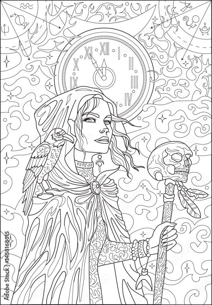 Obraz premium Line art Halloween illustration with beautiful witch girl wearing gothic cape holding wand with scary skull against background of old clock, mystic symbols and mist. Coloring page for adults