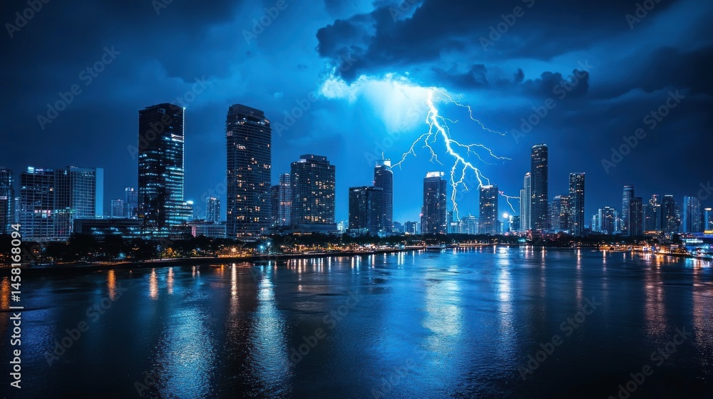 Fototapeta premium Dramatic night cityscape with lightning strike