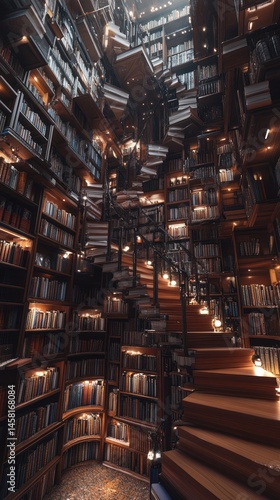 Spiral staircase in a circular library filled with bookshelves and warm lighting.