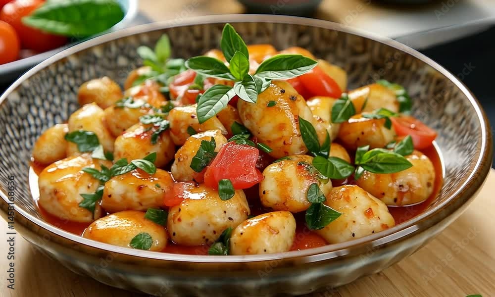 Delicious gnocchi served in a rustic bowl, garnished with fresh herbs and tomatoes, on a wooden table Delicious gnocchi served in a rustic bowl, garnished with fresh herbs and tomatoes, on a wooden table