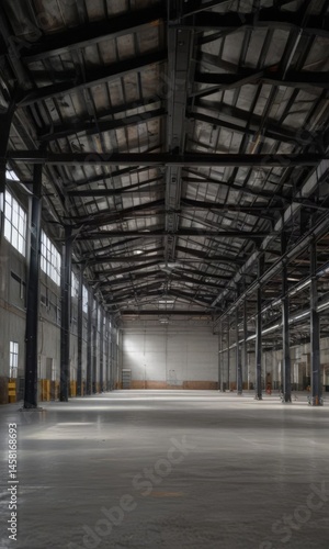 High ceiling warehouse interior, exposed ductwork and metal beams , metal, industrial interior