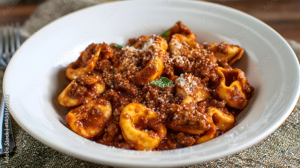 Hearty Cheese Tortellini Tossed in Meat Sauce Served in a Bowl with Garnish Hearty Cheese Tortellini Tossed in Meat Sauce Served in a Bowl with Garnish