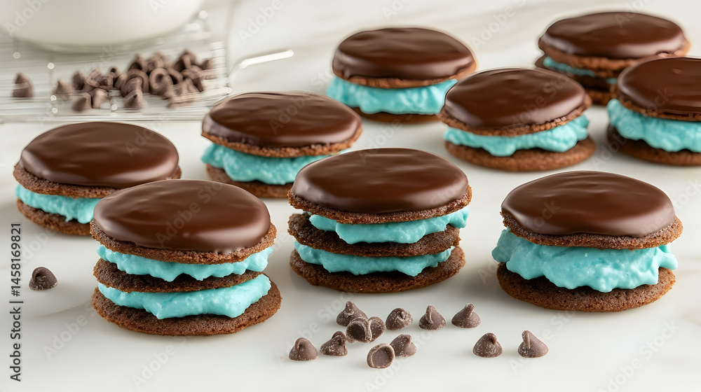 Decadent Chocolate Moon Pies with Turquoise Filling on a White Surface Ready to Eat Decadent Chocolate Moon Pies with Turquoise Filling on a White Surface Ready to Eat