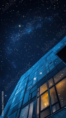 Night sky over modern building, stars, city lights.