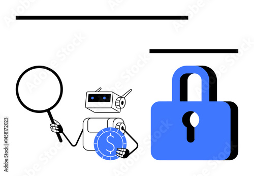 Robot holding magnifying glass inspecting coin near large padlock, representing data safety, financial analysis, AI, cybersecurity, risk management, research, and privacy in a flat simple metaphor